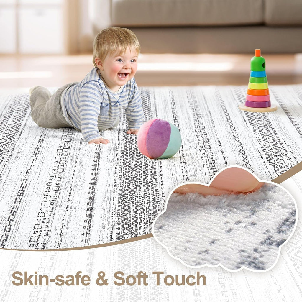 kakania 9x12 Washable Area Rug: Non Slip Soft Thin Carpet, Boho Geometric Modern Decor, Easy Clean Indoor Floor Large Rugs for Living Room Bedroom Kids Dorm Office Dining - Square Grey