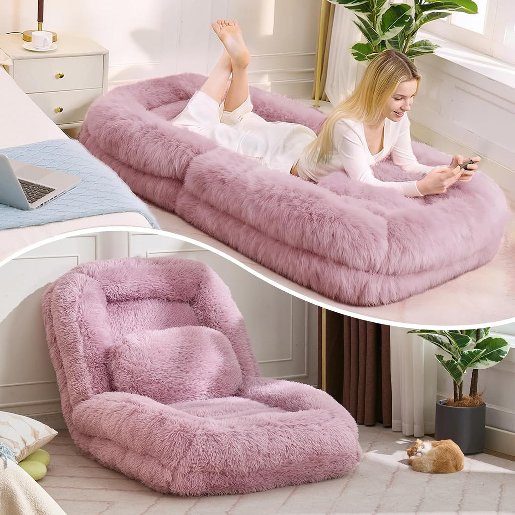 Adjustable Plush Human Dog Bed Lounger for Adult, 5-Position Foldable Lazy Lounge Sofa, Large Size Bean Bag Chair with Pillow, Folding Floor Chair for Living Room, Bedroom, Gaming Room, Pink