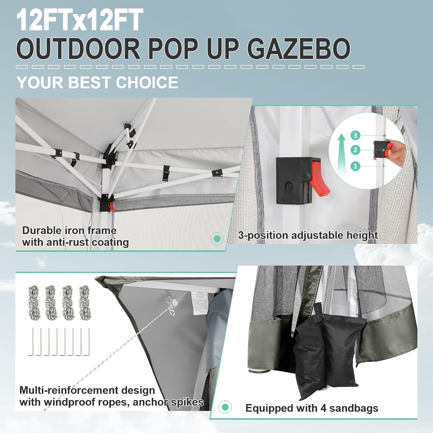 COBIZI 12x12 FT Pop up Gazebo on Clearance Outdoor pop up Canopy Tent,carpas para Patio, Shelter Tents with Netting & Portable Carry Bag, Patio Gazebos for Camping, Garden & Lawn, Darkgrey(Upgraded)