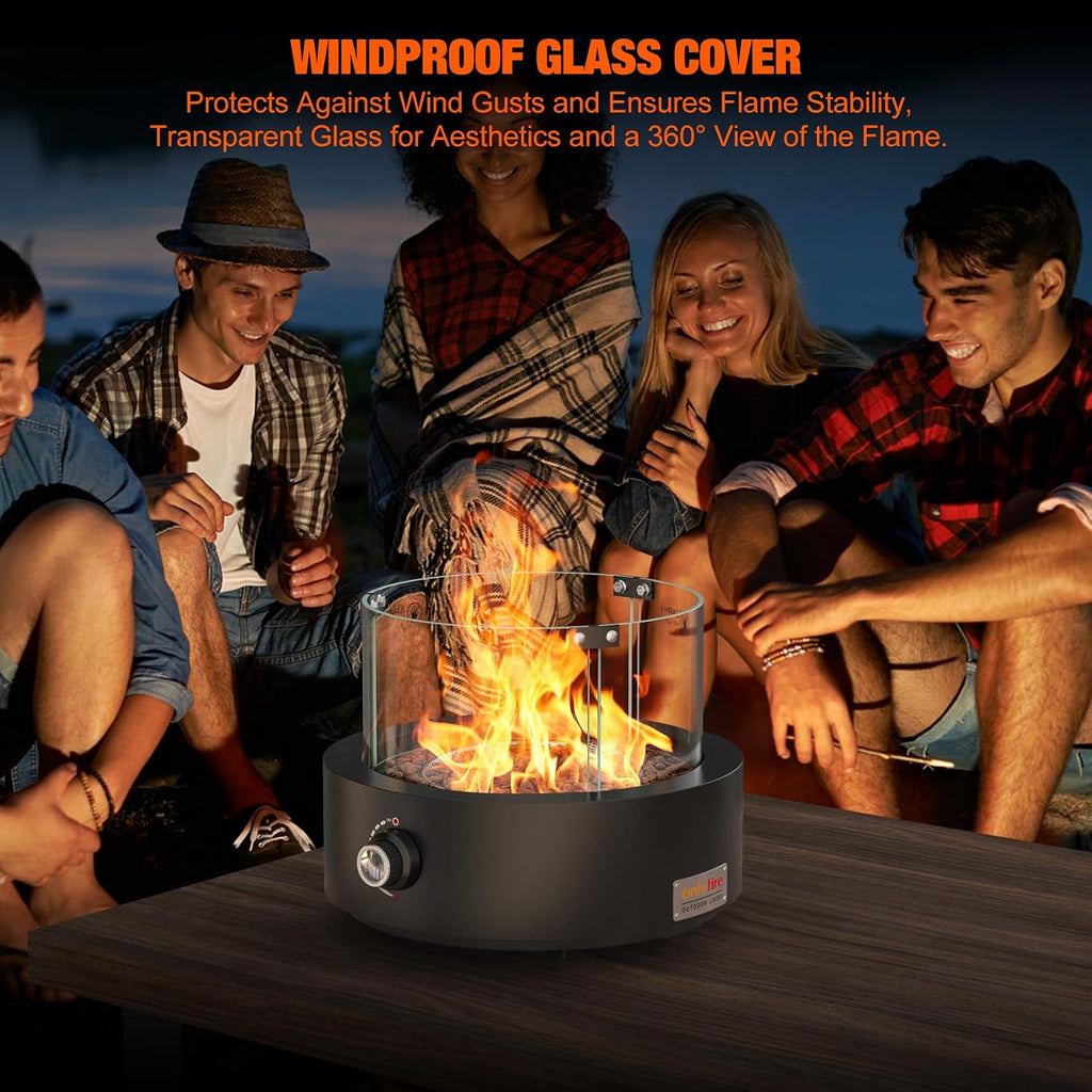 Portable Propane Gas Fire Pit Bottom-Mounted for Table with Umbrella Hole, Tabletop Smokeless Firepit with Wind Guard for Patio Camping RV Tailgating, 23000BTU, Round FP039