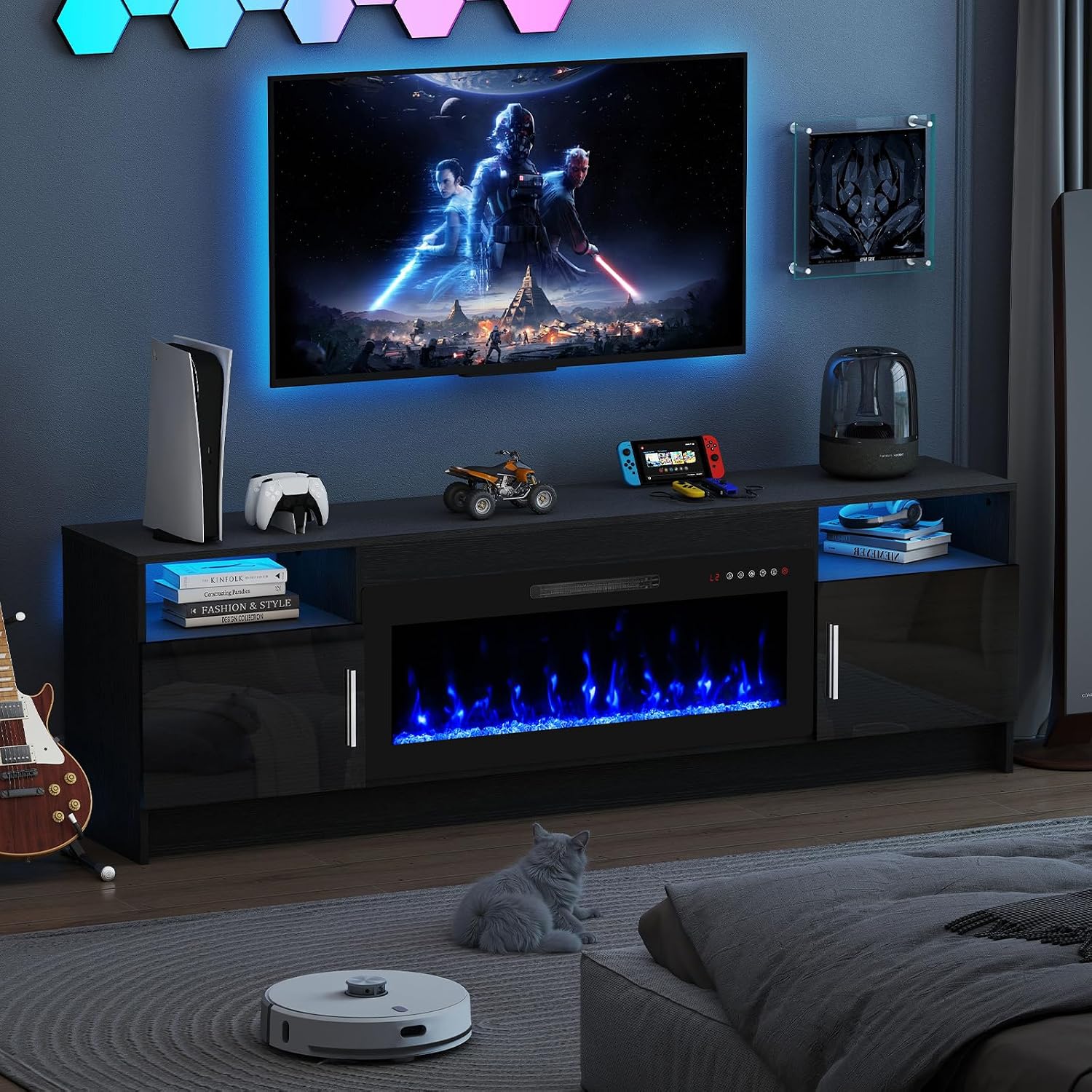 70' TV Stand with Fireplace for TVs Up to 80', LED Light Media Console with 36' Electric Heater, Storage Cabinet, Entertainment Center for Living Room, Black