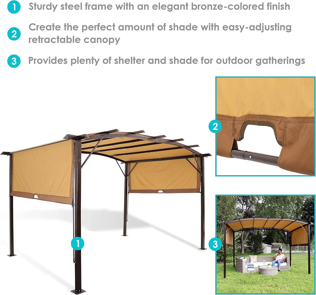 Sunnydaze 9' x 12' Outdoor Pergola with Retractable Canopy - Outdoor Patio Pergola with Retractable Sun Shade Cover for Deck - Tan