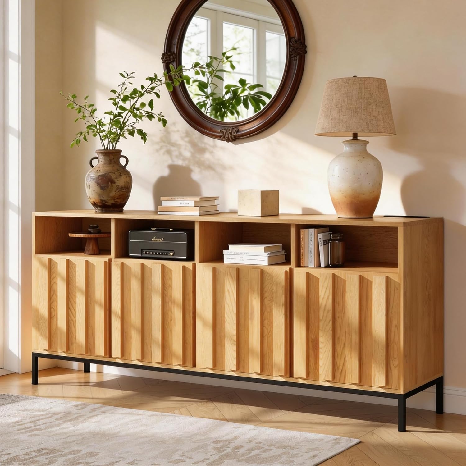 COCO DESIGN 70' Fluted TV Stand with Power Outlet for TVs up to 80', Modern Entertainment Center with Adjustable Shelves, Media Console Table with Storage for Living Room, Oak