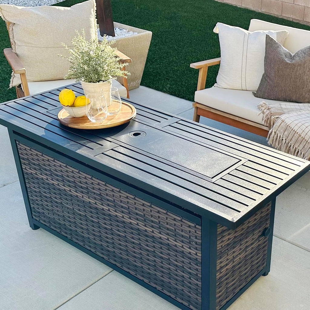 Sophia & William 56 Inch Gas Fire Pit Table Outdoor Rattan Propane Fire Table & Fireplace with Fire Glass, Lid, 50,000 BTU Firepits for Outside Patio