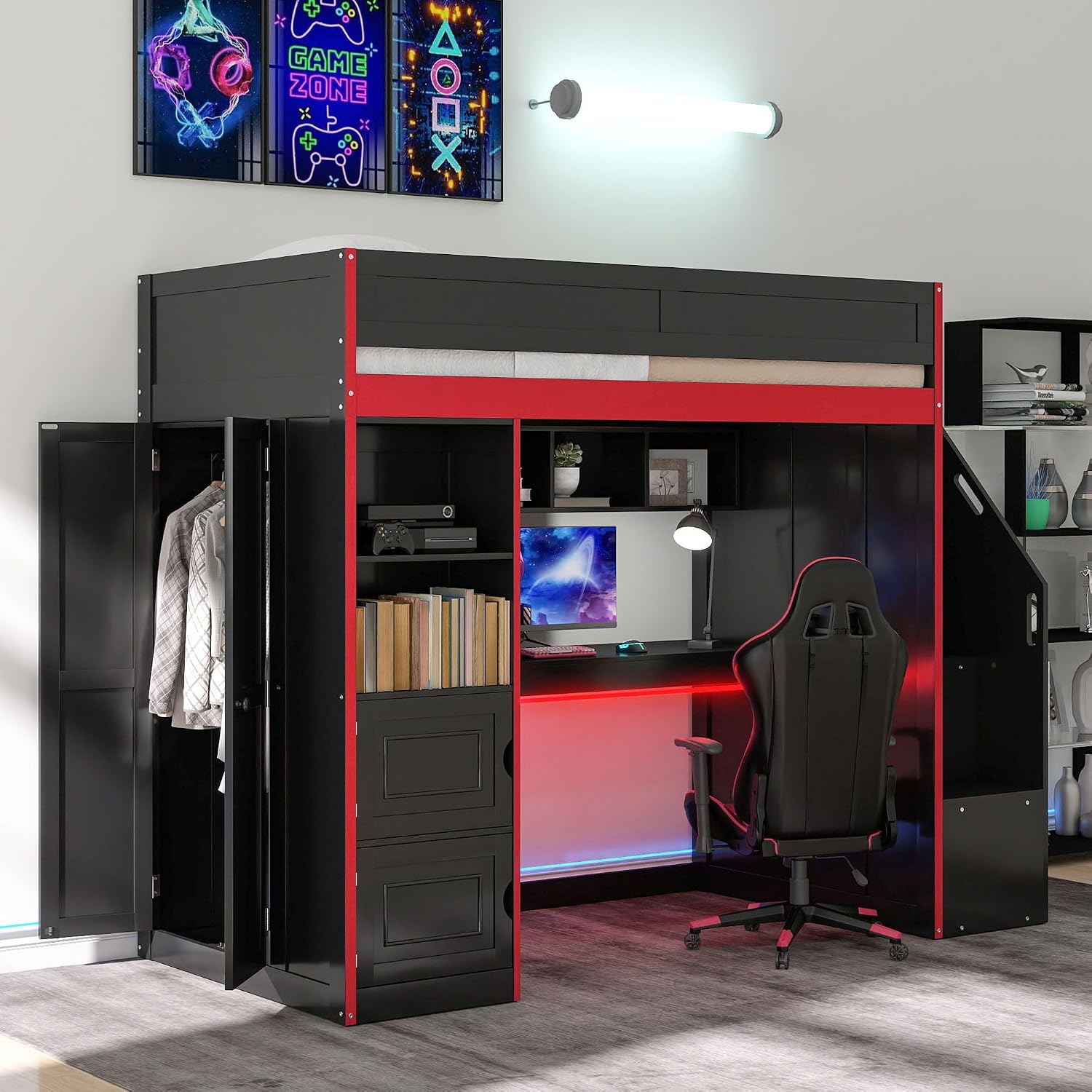 SOFTSEA Full Size Gaming Loft Bed with Desk, Storage Stairs, LED Lights, Bookshelves & Wardrobe, Multifunctional Loft Bed, No Box Spring Needed, Black Red
