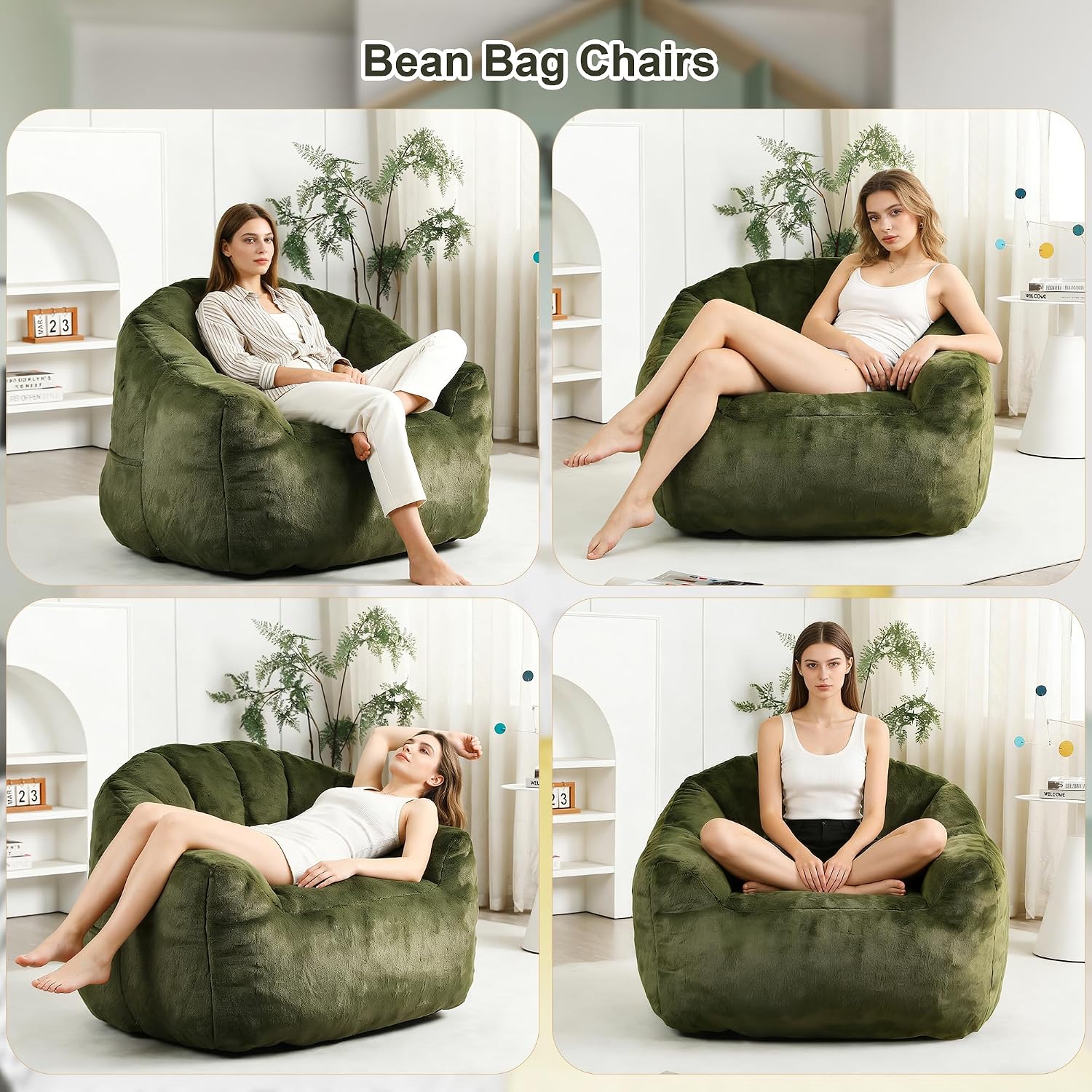 Bean Bag Chair, Bean Bag Couch for Adults and Kids, Comfy Shell-Shaped Chair with Filler Armrests Stuffed High-Density Foam Stuffed Sofa Lounge Floor Sofa for Bedroom,Gaming, Reading,Green