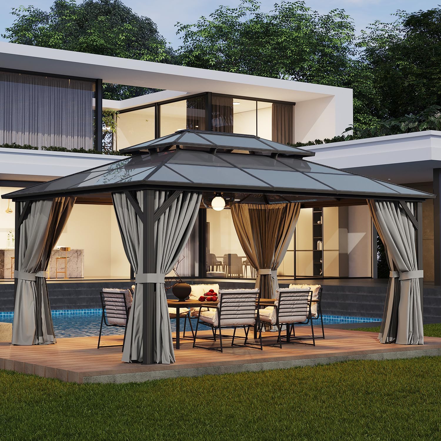 12' x 16' Double Roof Gazebo with Dark Gray Polycarbonate Panels, Sturdy Aluminum Frame, Weather-Resistant Pavilion with Curtains for Outdoor Patio, Garden, and Backyard