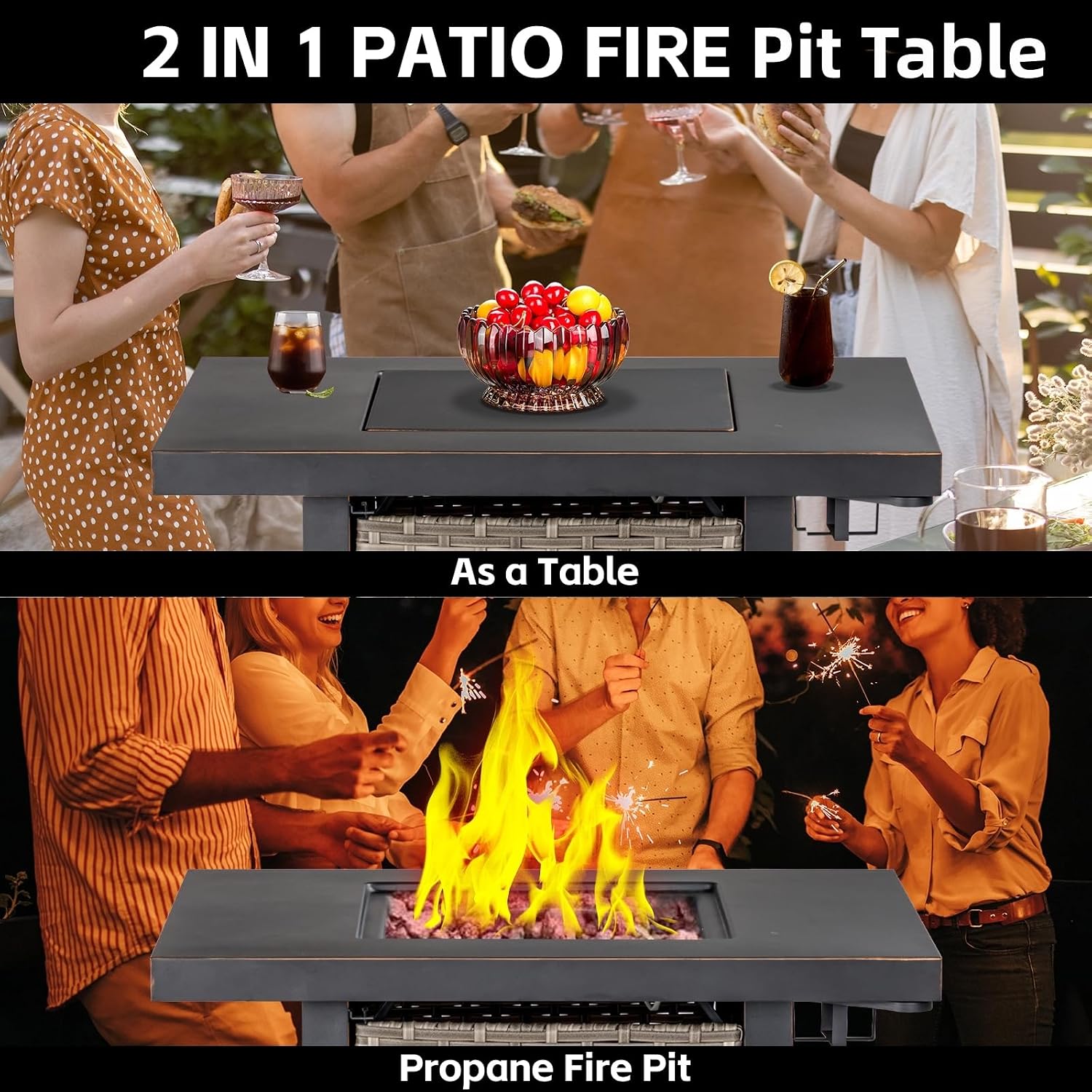 OutVue 32 Inch Propane Fire Pit Table, Outdoor Gas Fire Pits with 2 Drink Holders, Lid & Lava Rock, 50000 BTU Firepit Table for Dinning, Party in Outside, Patio, Garden or Yard