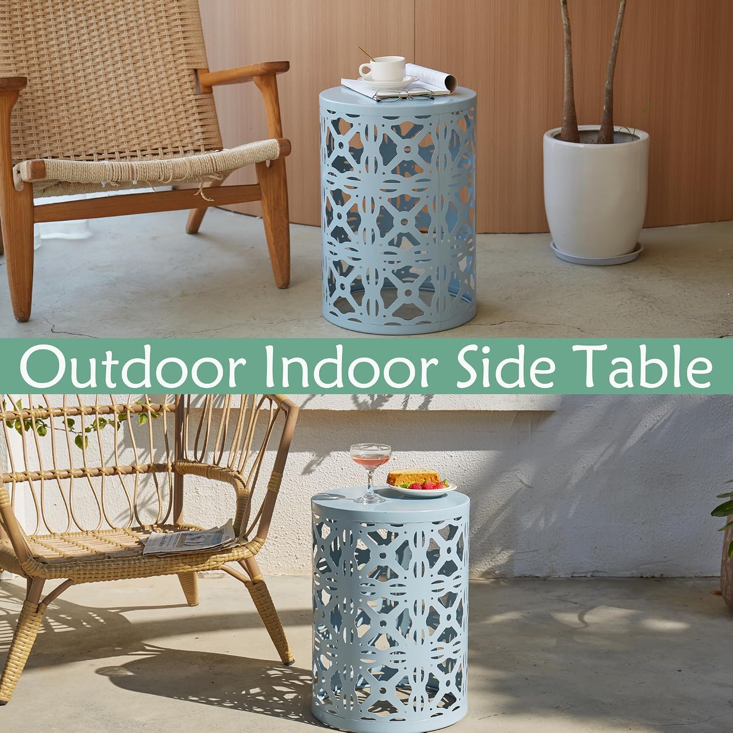 Y&M Set of 3 Heavy-Duty Round End Table, Side Table, Coffee Table for Indoor Multifunctional Use, Outdoor Decorative Garden Stool Plant Stand-Blue