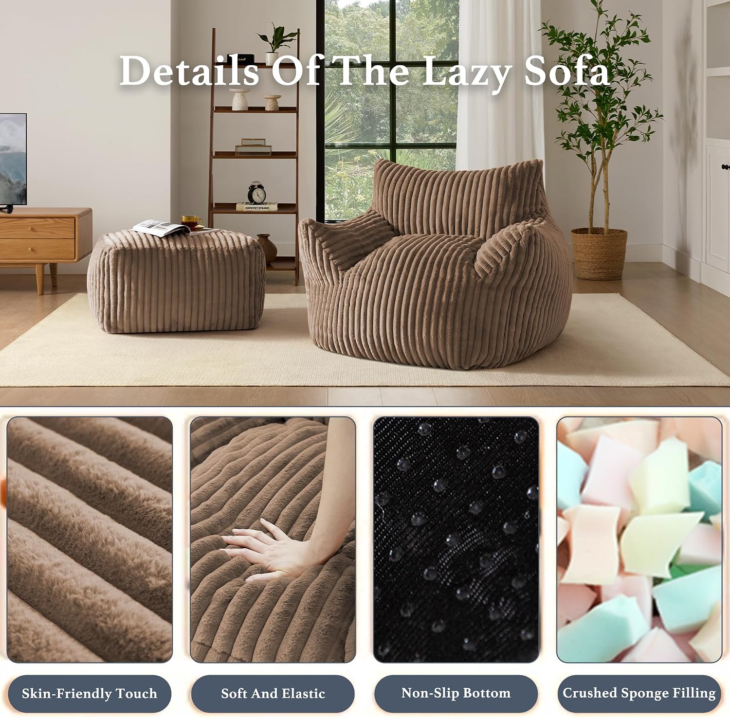 Gericco Oversized Bean Bag Chaise Lounge Chair Indoor for Adults with Armrests & Ottoman - Giant Comfy Khaki Beanbag Floor Sofa Cloud Accent Chair for Reading, Gaming, Cozy Plush Cloud Mini Couch