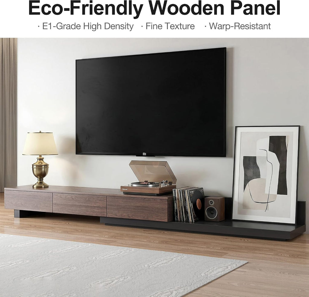 Telescoping TV Cabinet, 70.9 to 110.2 Inch Entertainment Center, Fits 85 Inch TV with 3 Drawer Media Cabinet, Walnut + Matte Black, Modern Living Room Bedroom Organizer