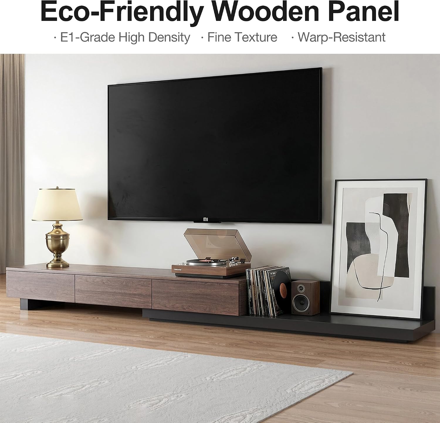 Telescoping TV Cabinet, 70.9 to 110.2 Inch Entertainment Center, Fits 85 Inch TV with 3 Drawer Media Cabinet, Walnut + Matte Black, Modern Living Room Bedroom Organizer