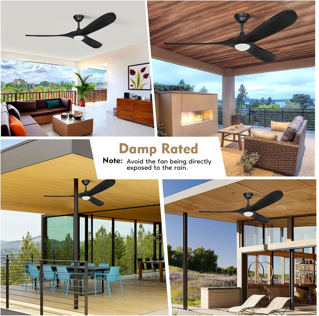 70 Inch Farmhouse Black Ceiling Fan with Light and Remote, Damp Rated Outdoor Indoor, 3 Wood Blade, Dimmable LED with Adjustable Light, 6-Speed Quiet Reversible DC Motor, for Patio Living Room Bedroom