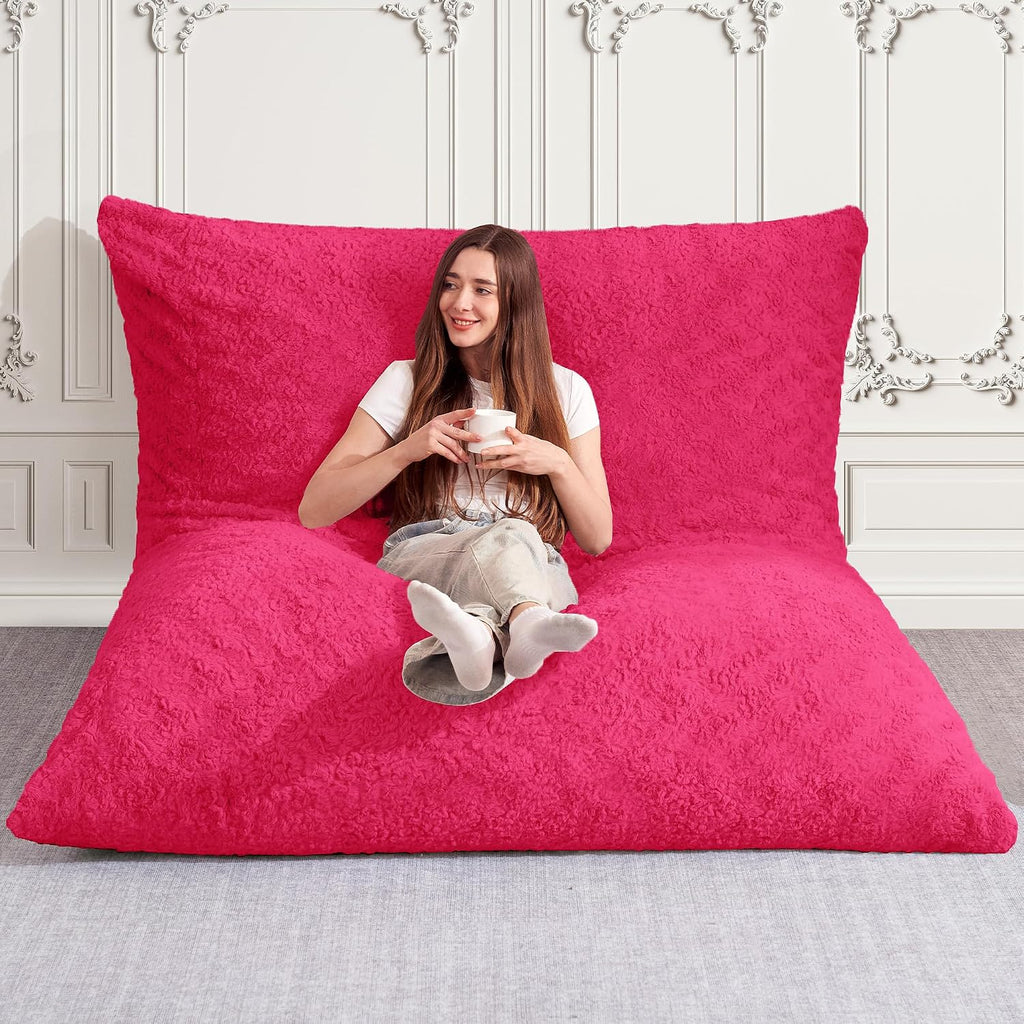HABUTWAY 4 in 1 Bean Bag Chair, Giant Memory Foam Filling Bean Bag Sofa, Adult Bean Bag Chair, Machine Washable Faux Fur Cover, Bean Bag for Adult (Rose Red)