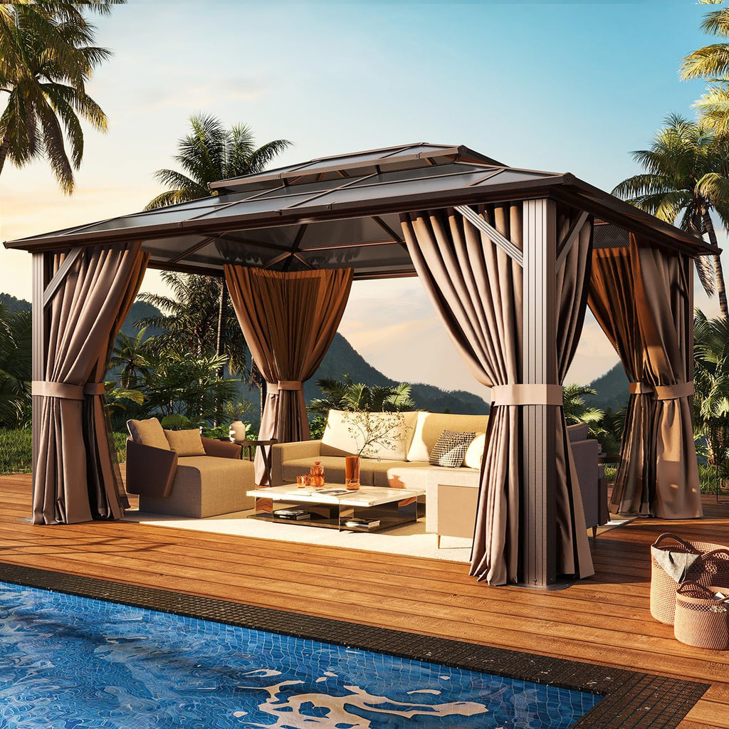 10'x13' Hardtop Gazebo, Polycarbonate Double Top Canopy, Aluminum Frame Permanent Pavilion with Curtains and Netting, Sunshade for Lawns, Patios, Gardens