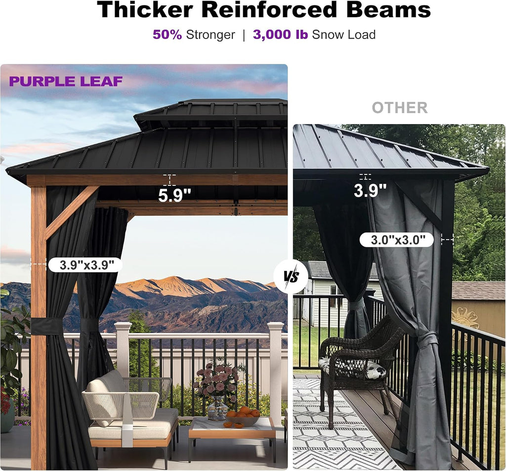 PURPLE LEAF 8' X 10' Hardtop Gazebo Outdoor Wood Grain Aluminum Frame Galvanized Steel Double Roof Gazebos with Lights for Patio Deck Backyard Garden