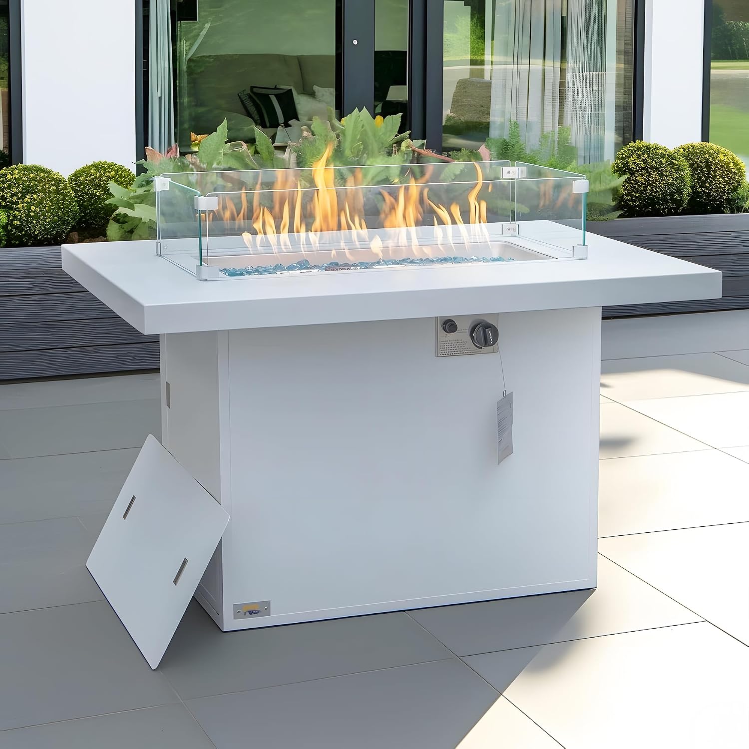 NICESOUL 43' Aluminum Outdoor Propane Fire Pit Table, 60,000 BTU Rectangle Natural Gas Firepits, Rust-Proof All-Weather Fire Table with Wind Guard & Glass Rocks for Patio Outside CSA-Certified, White