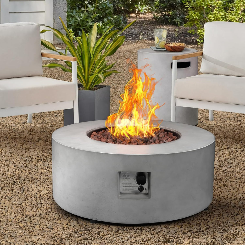 2-Piece Outdoor Propane Fire Pit Table Set w/Tank Cover Table, 36-inch 50,000 BTU Concrete Firepit SUS201 Round Burner with Steel Lid, Lava Rocks, Rain Cover