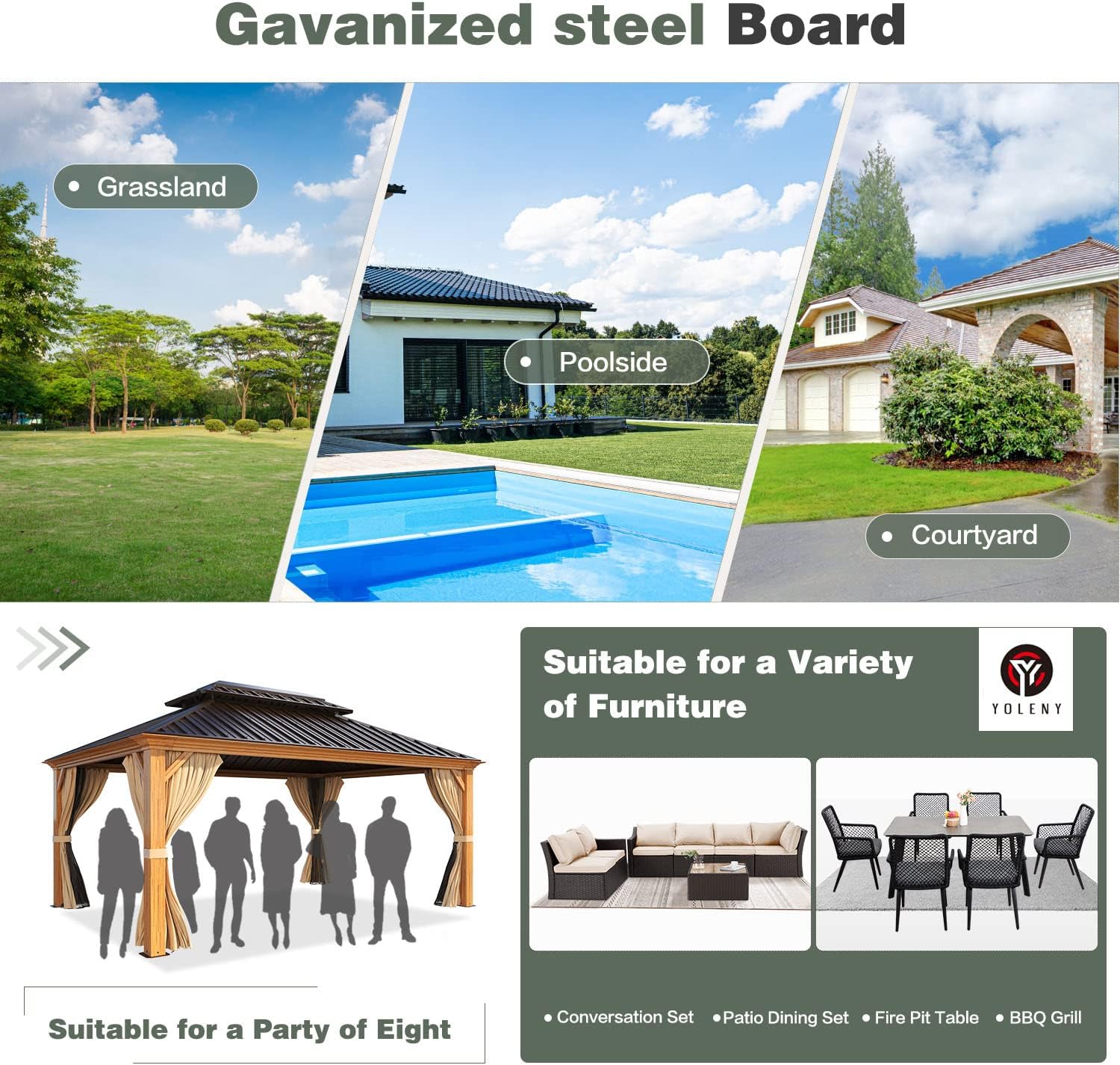 YOLENY 12'x16' Hardtop Gazebo, Wood Grain Aluminum Frame Outdoor Gazebo with Double Galvanized Steel Roof, Permanent Metal Pavilion with Curtains and Nettings for Patio, Backyard, Deck and Lawns