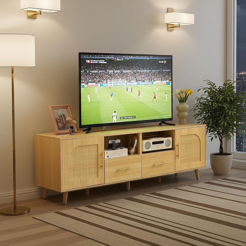 TV Stand for 70 Inch TV, 63' Modern Fluted TV Stand with Outlet, 2 Drawers & Cabinets, Entertainment Center with Open Shelves, Minimalist TV Stands for Living Room (Natural Wood)