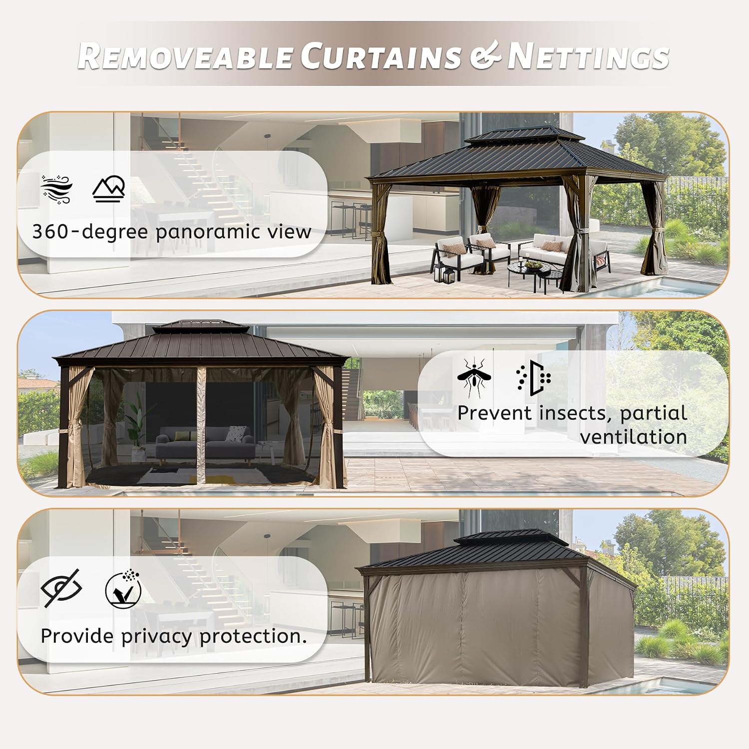 12' x 16' Outdoor Hardtop Gazebo with Gutters, Double Roof Galvanized Metal Gazebo for Backyard, Patio, Deck, Hot Tub, Heavy Duty Canopy Permanent Pavilion with Curtains and Netting, Brown