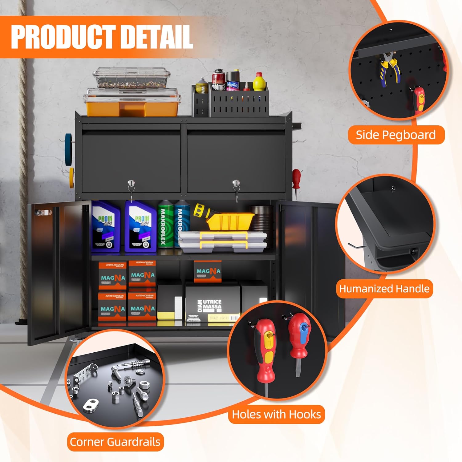 Metal Garage Storage Cabinet with Wheels, Rolling Tool Cabinet with Adjustable Shelf, 2 Drawers and 2 Doors for Tools, Garage,Workshop, Black, Assembly Required