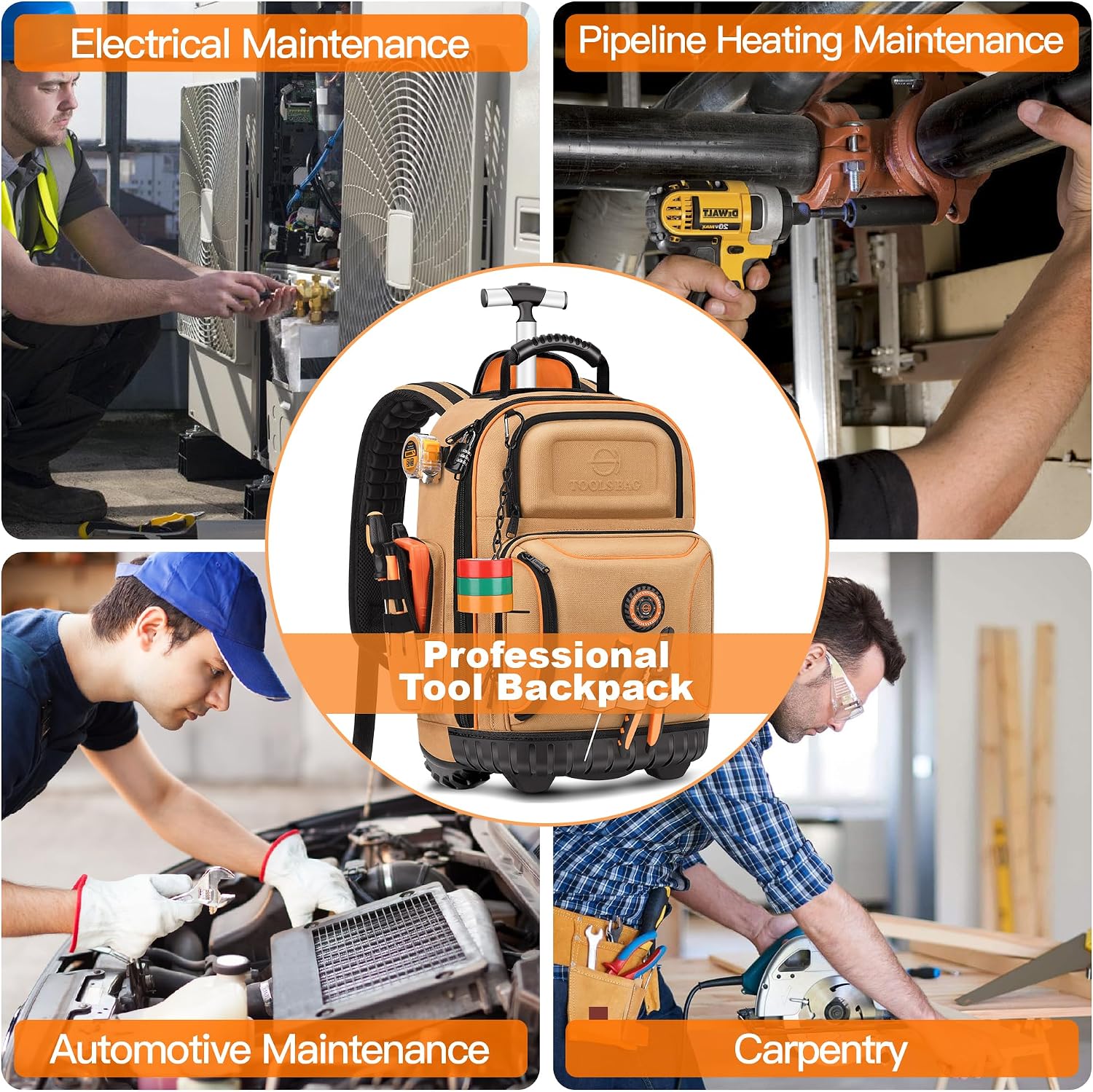 Backpack Tool Bag with Wheel, Rolling Tool Backpack for Electrician Heavy Duty Roller Tool Bag on Wheel for Construction Work, 75 Pockets & Loops Tool Backpack with Molded Base and Lock - Brown