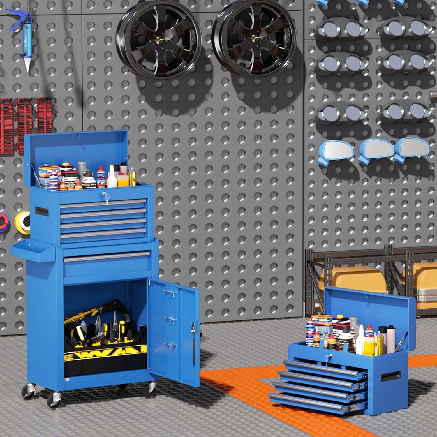 INTERGREAT Blue Tool Chest, 5-Drawer Rolling Tool Chest with Detachable Top Tool Box, Tool Chests with Universal Lockable Wheels, Metal Tool Cart for Garage, Workshop, Barbershop