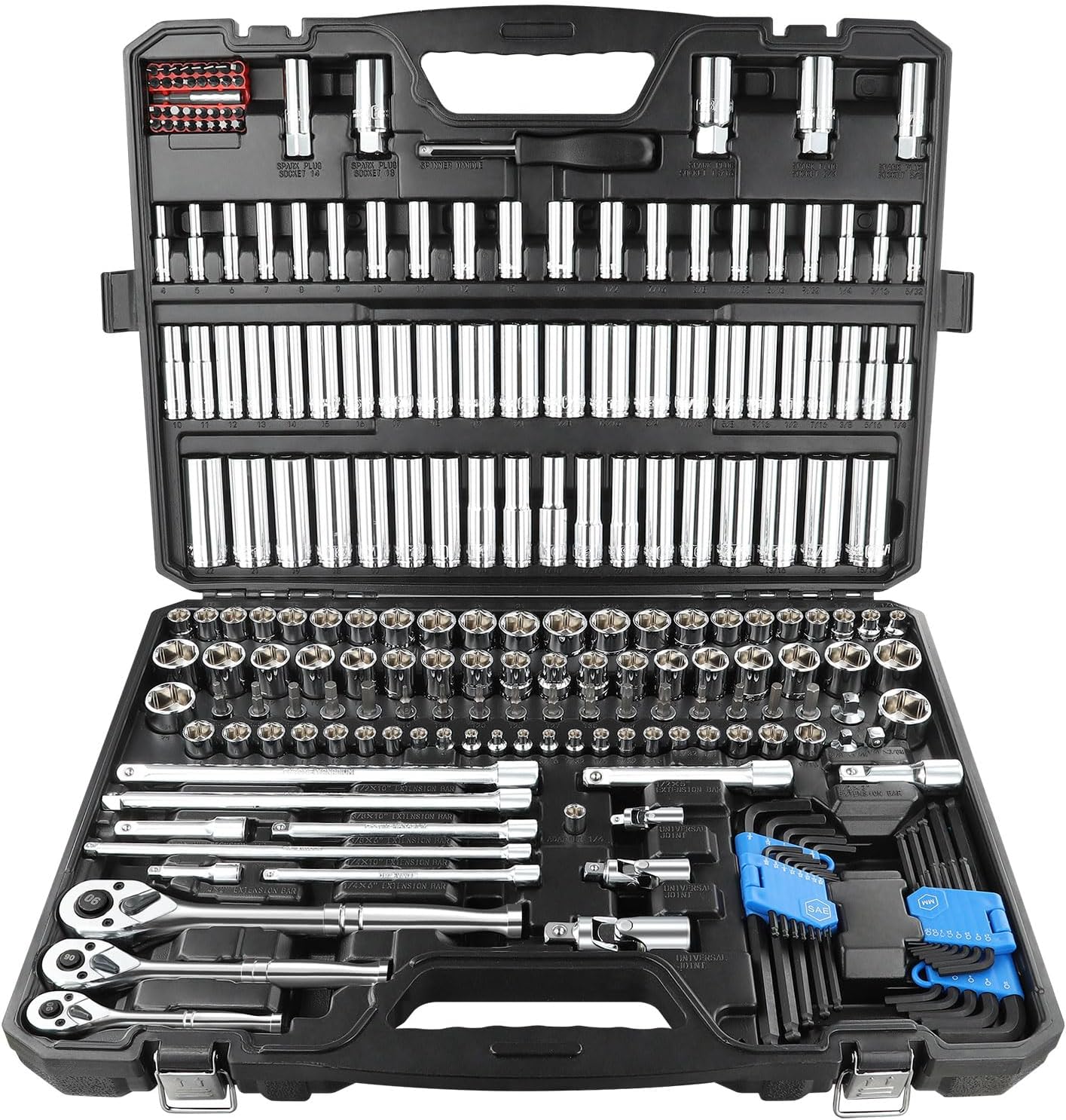 BOEN 225PCS Mechanic Tool Set, 1/4' & 3/8' & 1/2' Drive Socket Wrench Set, Metric and Standard Full Socket Set, with 90-Tooth Ratchet, Auto and Bike Repair with Heavy Duty Case