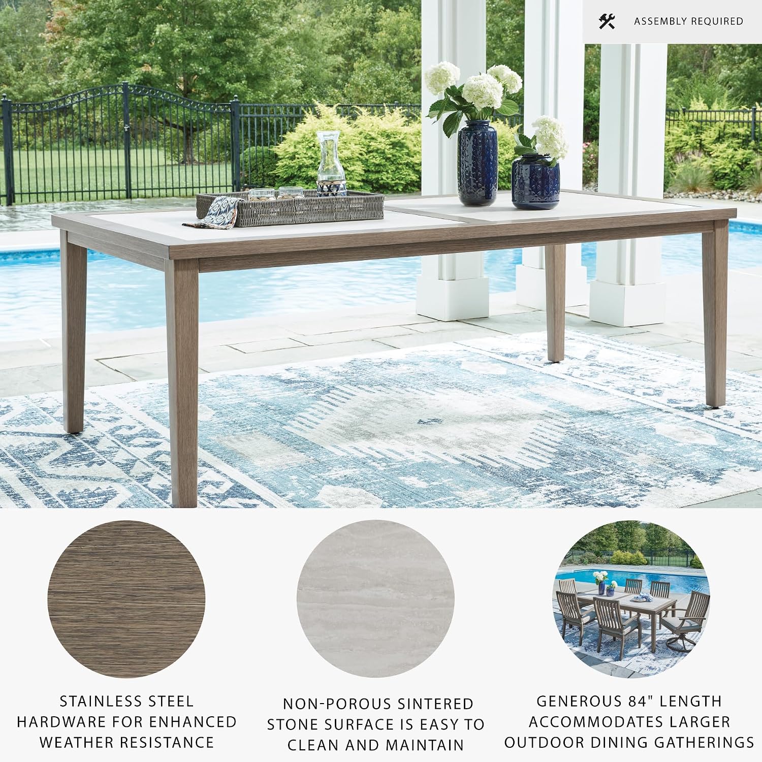Signature Design by Ashley Rainier Ranch Contemporary Sintered Stone Tabletop Outdoor Dining Table with 4 Legs, Light Brown & Beige