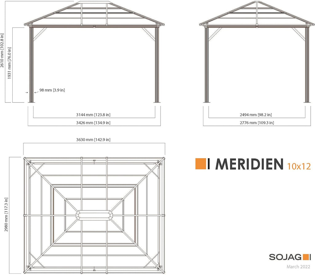 Sojag Meridien 10' x 12' Outdoor Hardtop Gazebo with Galvanized Steel Roof and Rust-Resistant Aluminum Frame, Charcoal