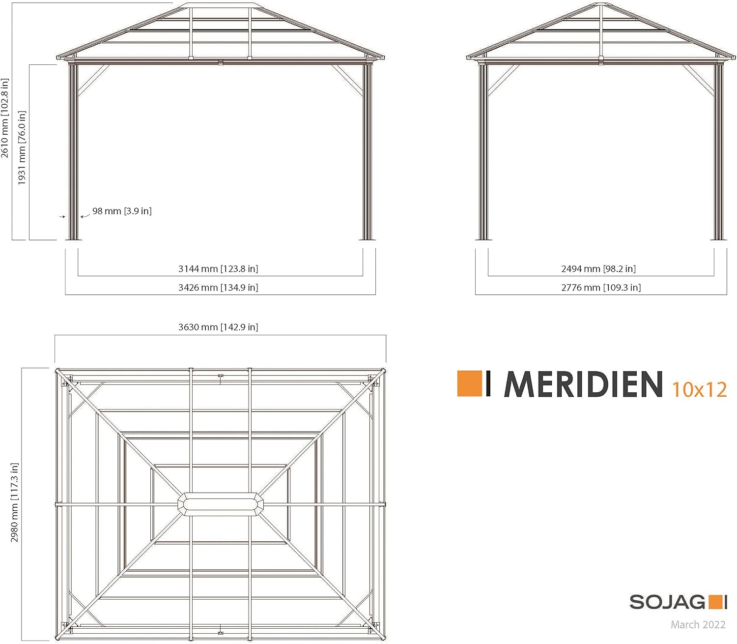 Sojag Meridien 10' x 12' Outdoor Hardtop Gazebo with Galvanized Steel Roof and Rust-Resistant Aluminum Frame, Charcoal