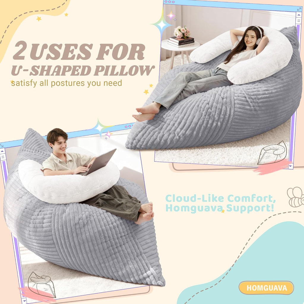 Homguava Giant Bean Bag Chair for Adults with Pillow, 4 in 1 Convertible Floor Cushion for Adluts, Memory Foamed Bean Bag Lounger with Washable Cover for Living Room, Bedroom