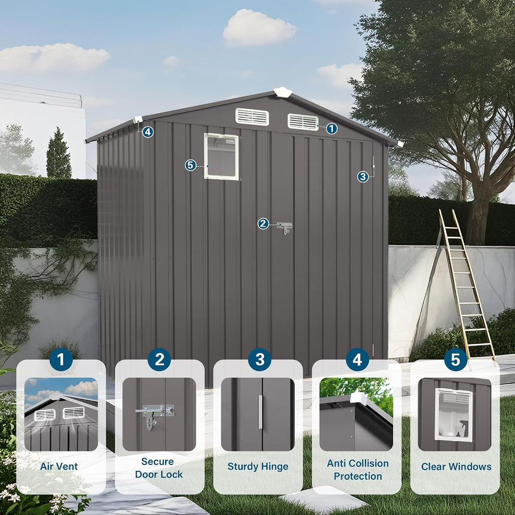 Organize and Secure with 6x3.6 FT Metal Shed, Waterproof Outdoor Storage with Lockable Door & Clear Window for Garden Tools, Patio Furniture, Bicycles, Gray