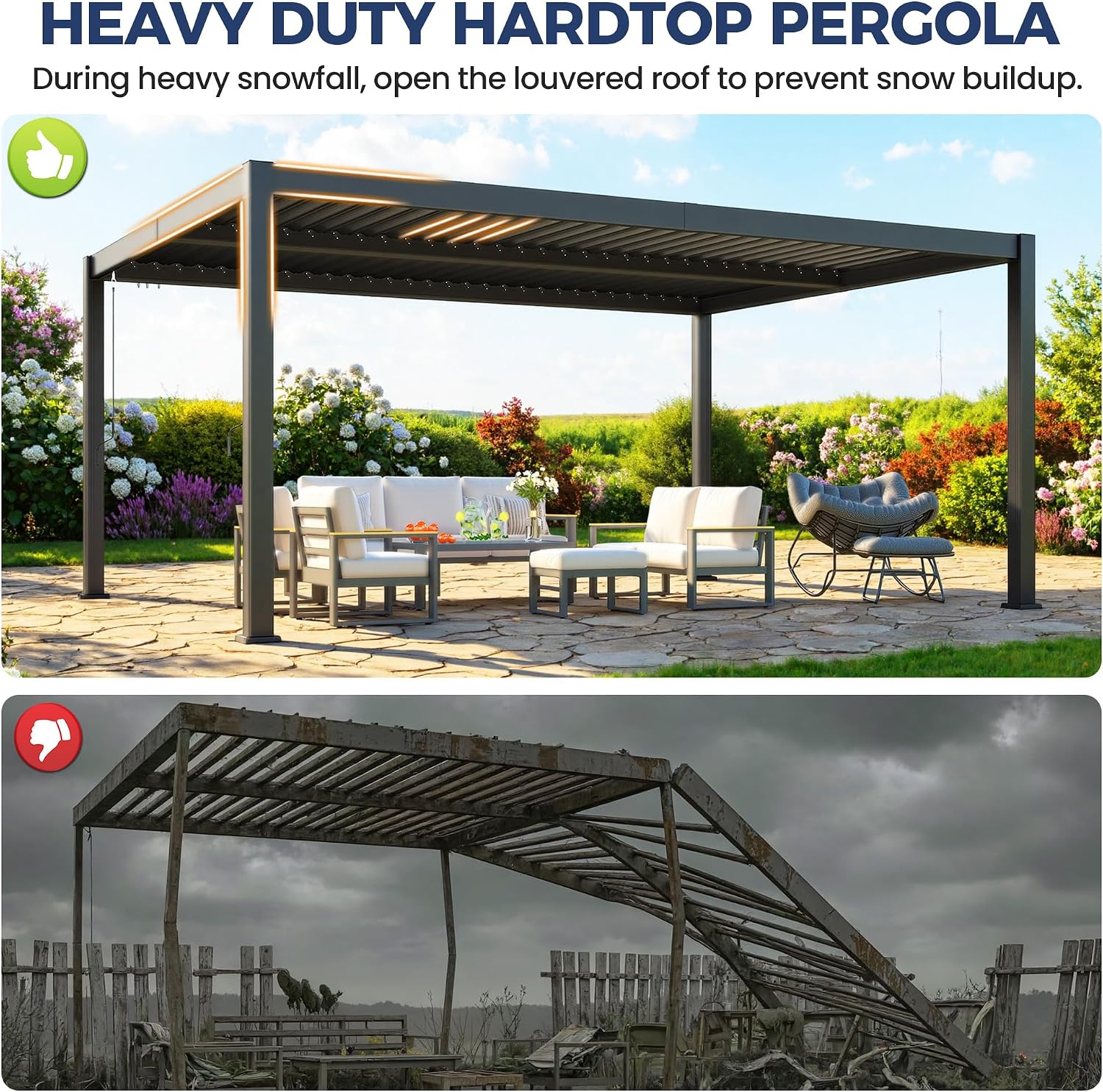 12' x 16' Louvered Pergola, Outdoor Pergola with Metal Adjustable Louvered Roof & Gutter System, Hardtop Patio Gazebo for Backyard, Patio, Garden, Dark Gray