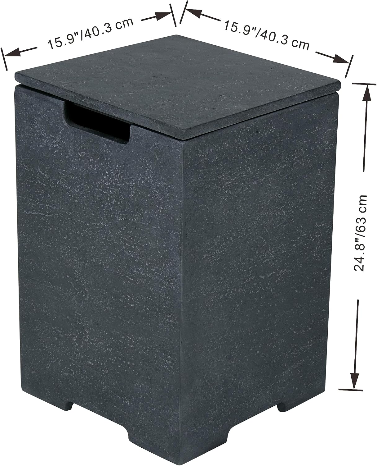 AMS Fireplace | Elementi Square Travertine Tall Dark Grey Propane Tank Cover | Marble Porcelain Top with Concrete GFRC Base | 15.9 × 15.9 × 24.9 inches | Suited for Positano Dark Grey Fire Pit Table