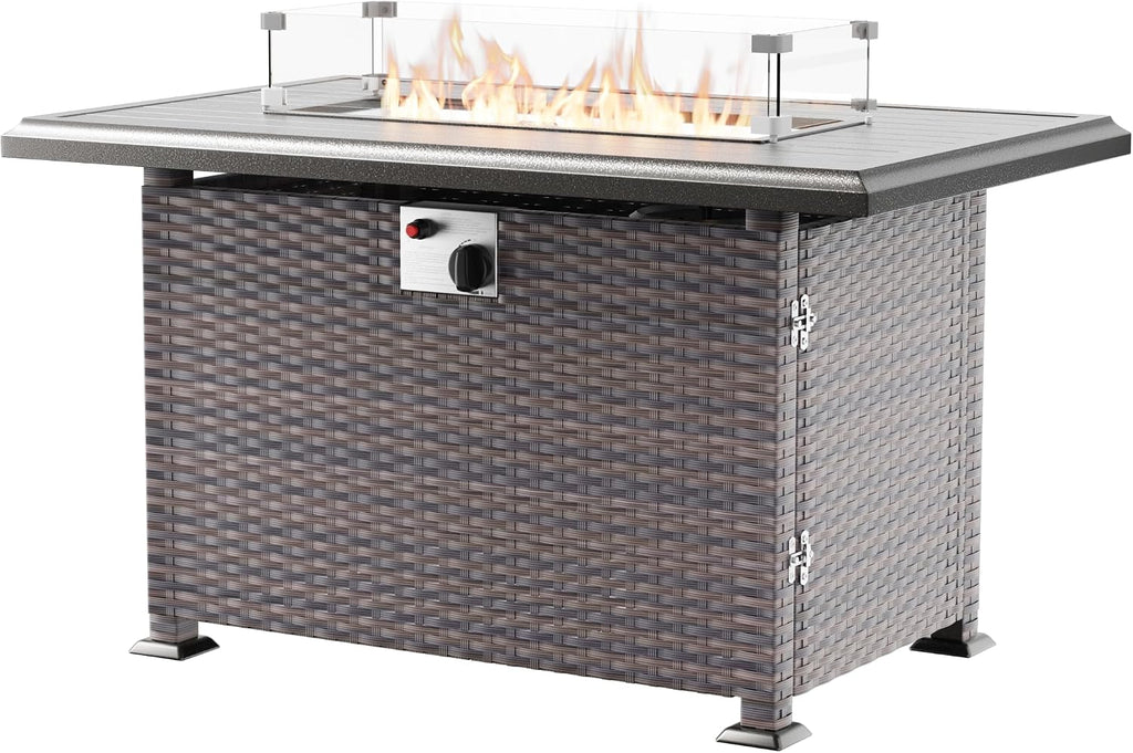 43' Wicker Outdoor Propane Gas Fire Pit Table with Rectangle Fire Pit Lid,55000 BTU Auto-Ignition Table Fire Pit w/Glass Wind Guard, Glass Rock for Outdoor,ETL Certified