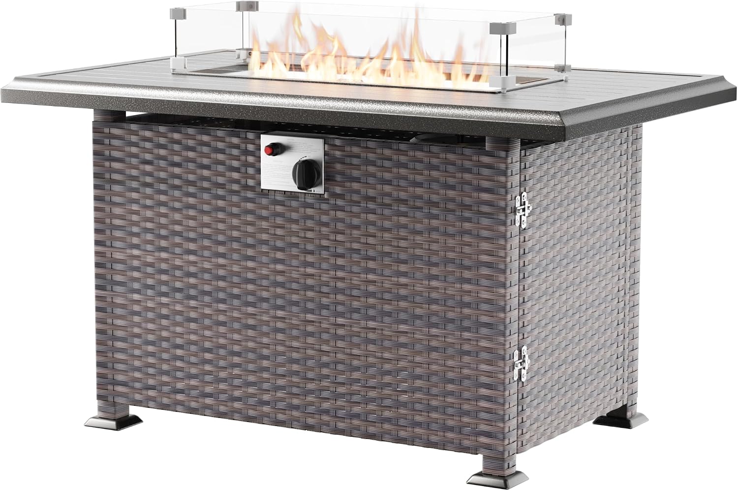 43' Wicker Outdoor Propane Gas Fire Pit Table with Rectangle Fire Pit Lid,55000 BTU Auto-Ignition Table Fire Pit w/Glass Wind Guard, Glass Rock for Outdoor,ETL Certified