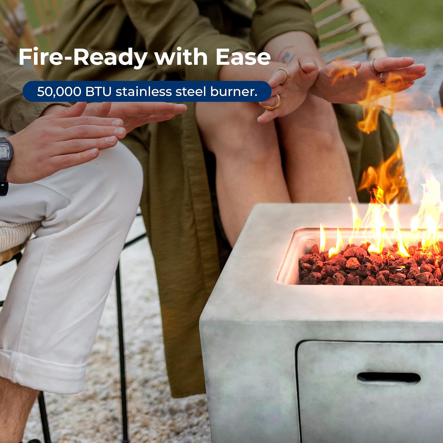 SereneLife Fire Pit Table 50,000 BTU Propane Gas Fire Pit with Adjustable Flame, Stainless Steel Burner, Weather-Resistant Build, Easy Propane Tank Access, and Elegant Lava Rocks for Patio or Backyard