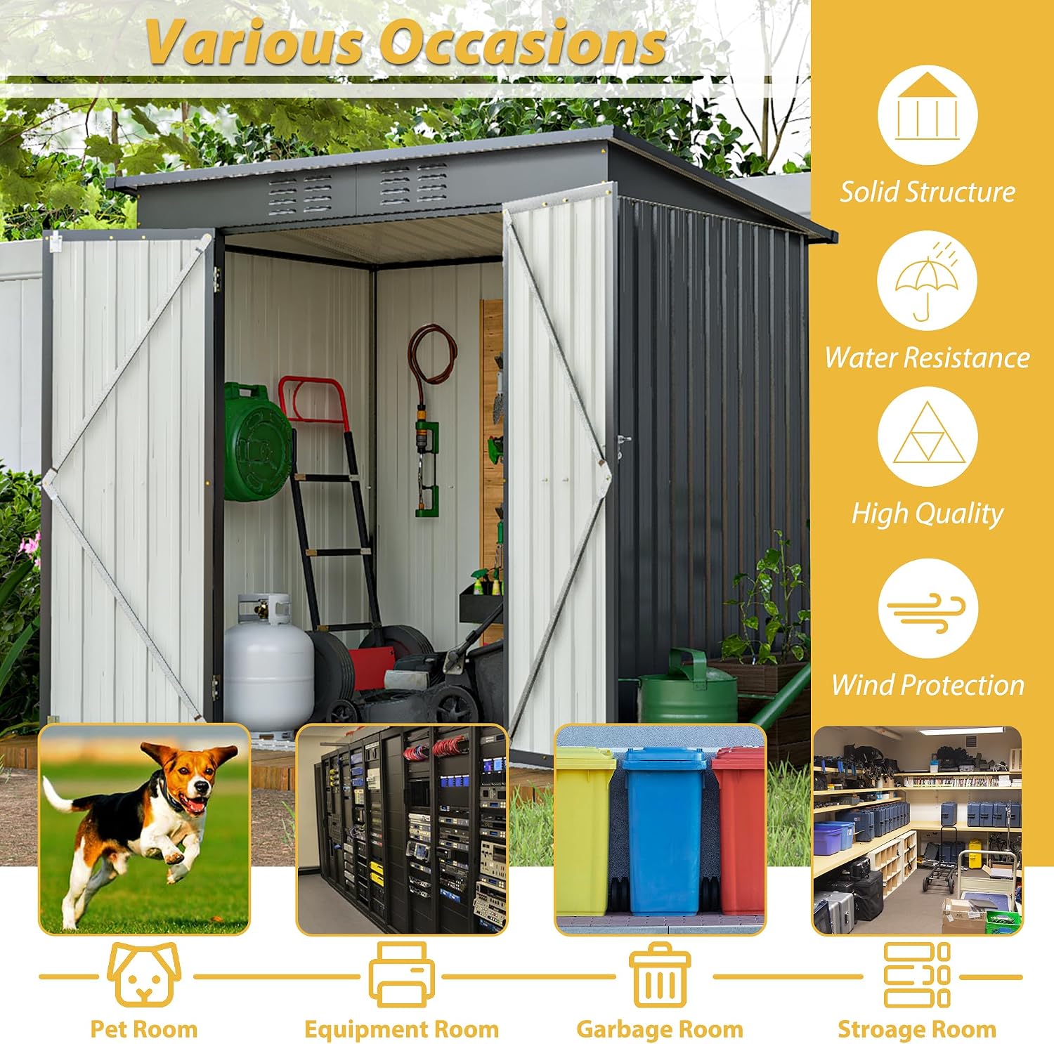 6x4 FT Shed Outdoor Storage Metal Large Garden Tool Sheds with Lockable Doors Floor Frame Sloped Roof Waterproof Steel Utility Equipment Shed for Backyard Patio Lawn Poolside, Black