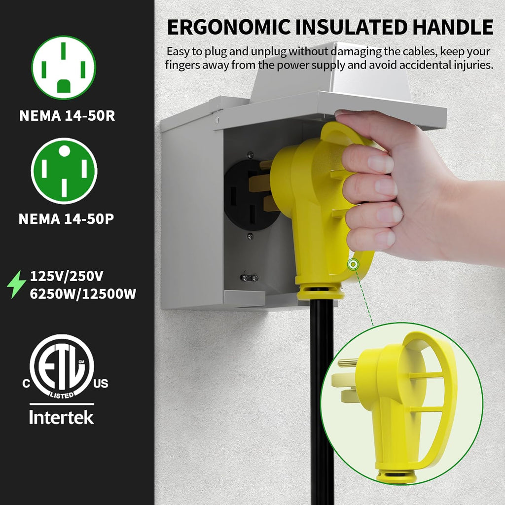 POWGRN NEMA 14-50P to NEMA 14-50R 50 Amp RV/EV Extension Cord 50 FT Outdoor with Grip Handle, Flexible Heavy Duty RV Power Cord Waterproof, 50A 125/250V 6250/12500W STW, Black-Yellow, ETL Listed