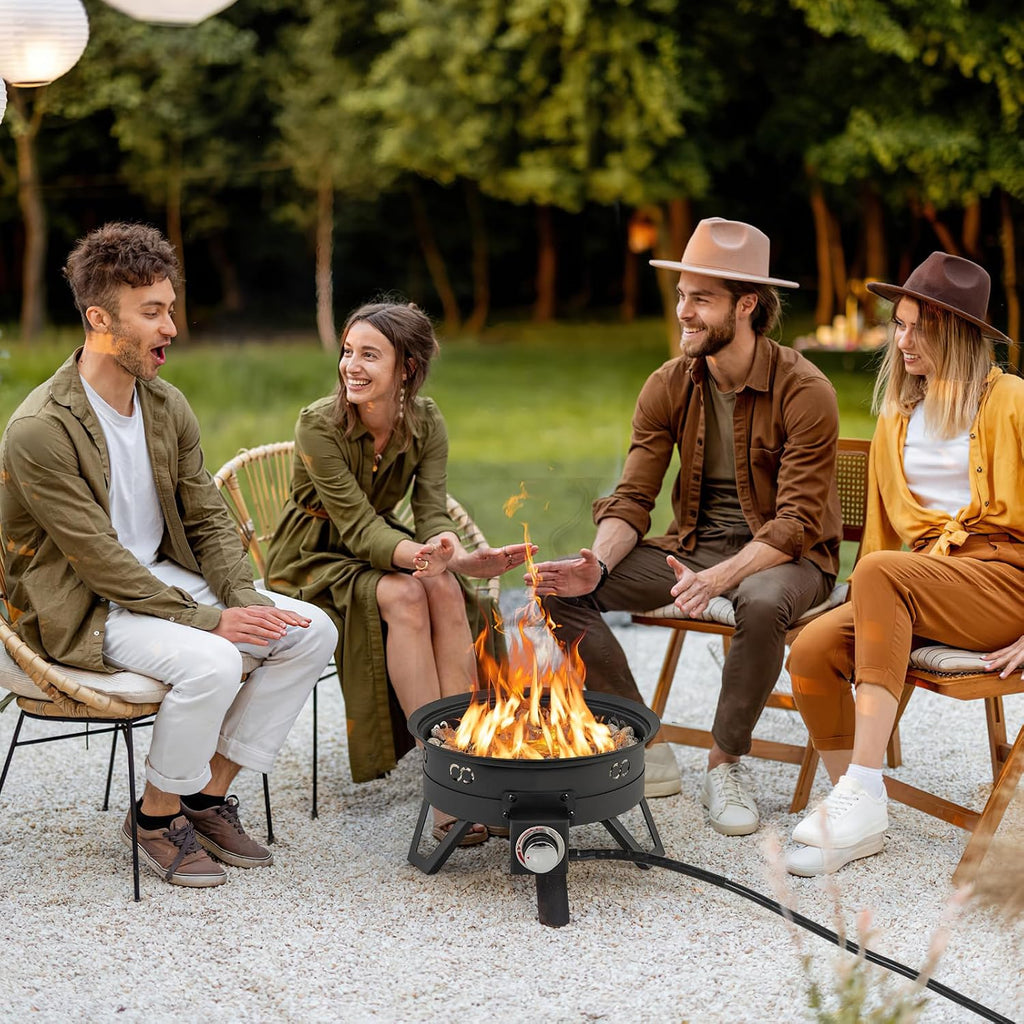 Giantex Portable Propane Fire Pit, 17' Small Outdoor Fire Bowl w/Foldable Legs, Round Fireplace with Lid, Removable Grill, Carry Bag, Lava Rocks, 58000 BTU Smokeless Gas Firepit for Outdoor Camping