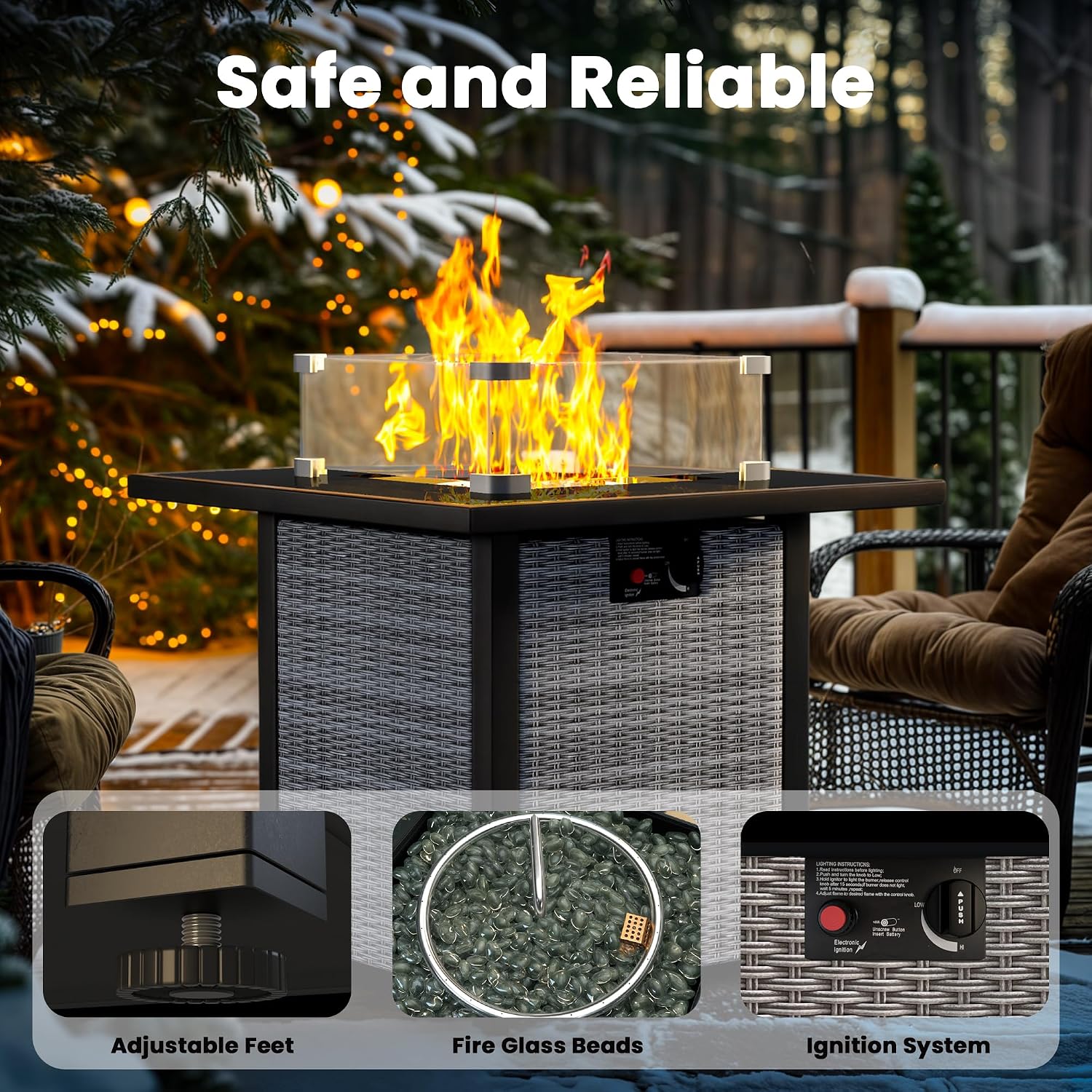Propane Fire Pit Table, Outdoor Fire Pit Table, 28' Rattan Square Outdoor Gas FirePit with Glass Wind Guard, Tempered Glass Tabletop, Lid, CSA Listed, 50,000 BTU, Outside Patio & Garden, Gray-White