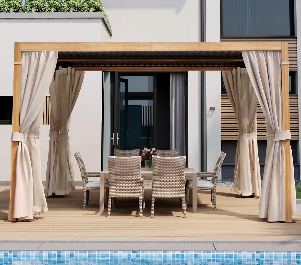 HAPPATIO Louvered Pergola 10' x13' Outdoor, Woodgrain-Look Aluminum Frame with Adjustable Rainproof Roof, Patio Pergola with Curtains and Mosquito Nets, Aluminum Frame for Patio, Backyard, Deck