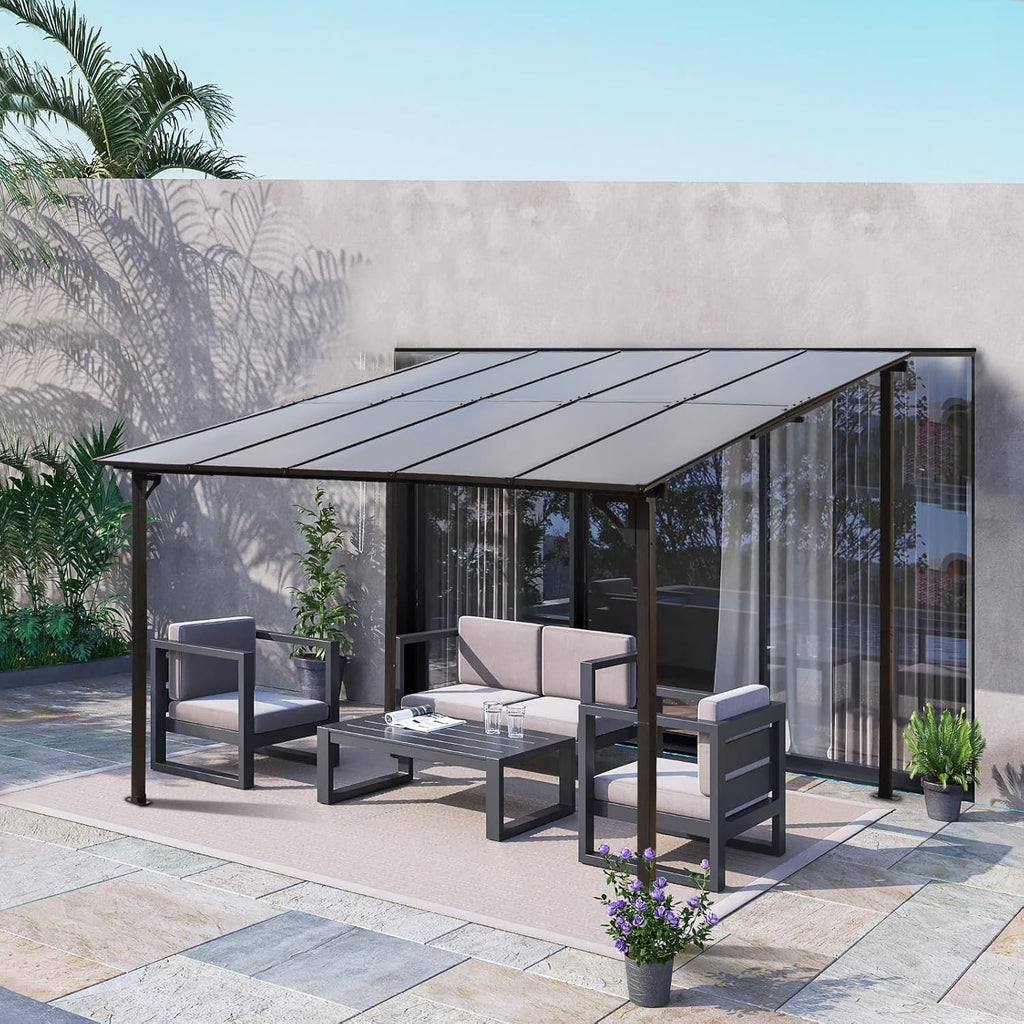 10' x 10' Premium Wall-Mounted Gazebo with Aluminum Frame & Polycarbonate Roof, Heavy Duty Outdoor Lean-to Pergola Awning for Patio, Backyard and Deck