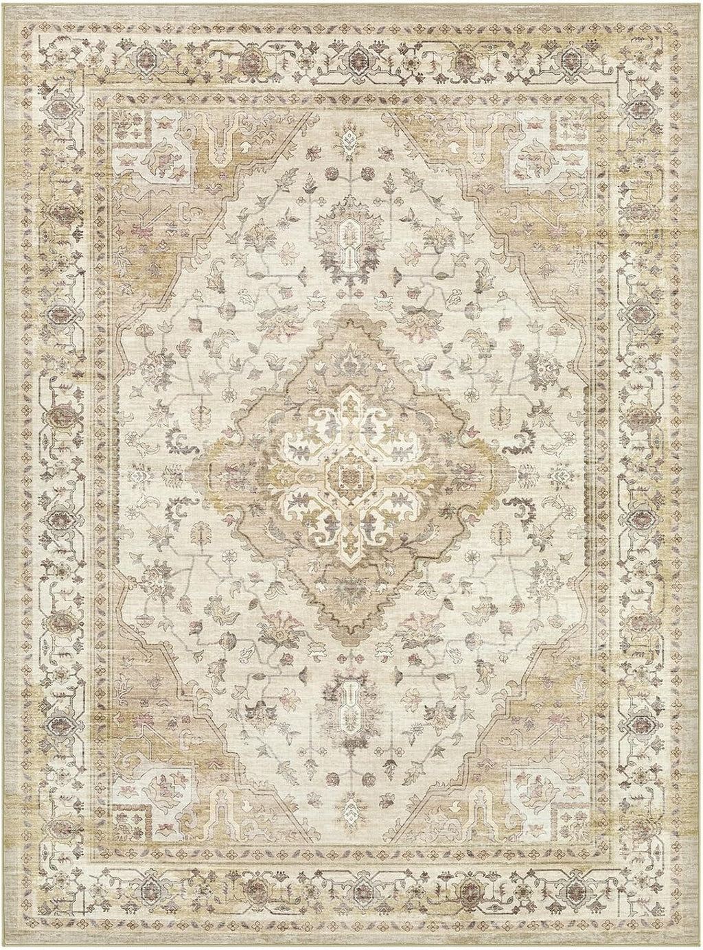 10x12 Living Room Area Rugs, Vintage Washable Rugs Non-Slip Large Carpet for Bedroom Office Dining Room Kitchen, Soft Thin Stain Resistant Retro Neutral Rug, Beige