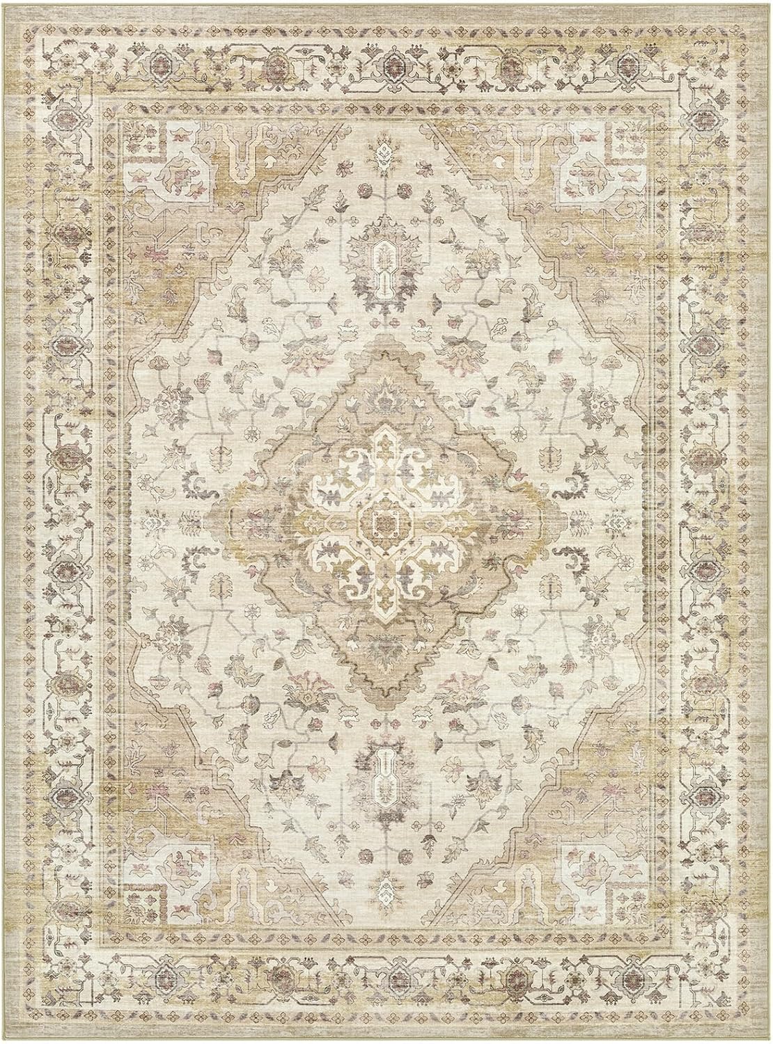 10x12 Living Room Area Rugs, Vintage Washable Rugs Non-Slip Large Carpet for Bedroom Office Dining Room Kitchen, Soft Thin Stain Resistant Retro Neutral Rug, Beige