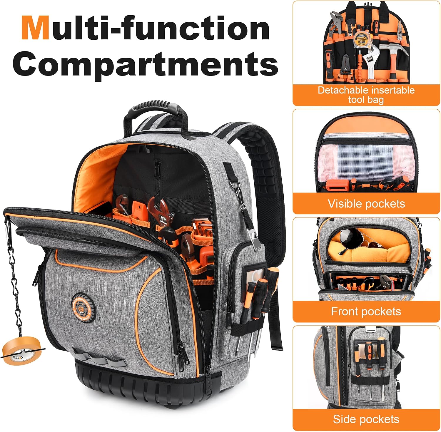 Backpack Tool Bag with Wheel, Rolling Tool Backpack for Electrician Heavy Duty Roller Tool Bag on Wheel for Construction Work, 75 Pockets & Loops Tool Backpack with Molded Base and Lock - Grey