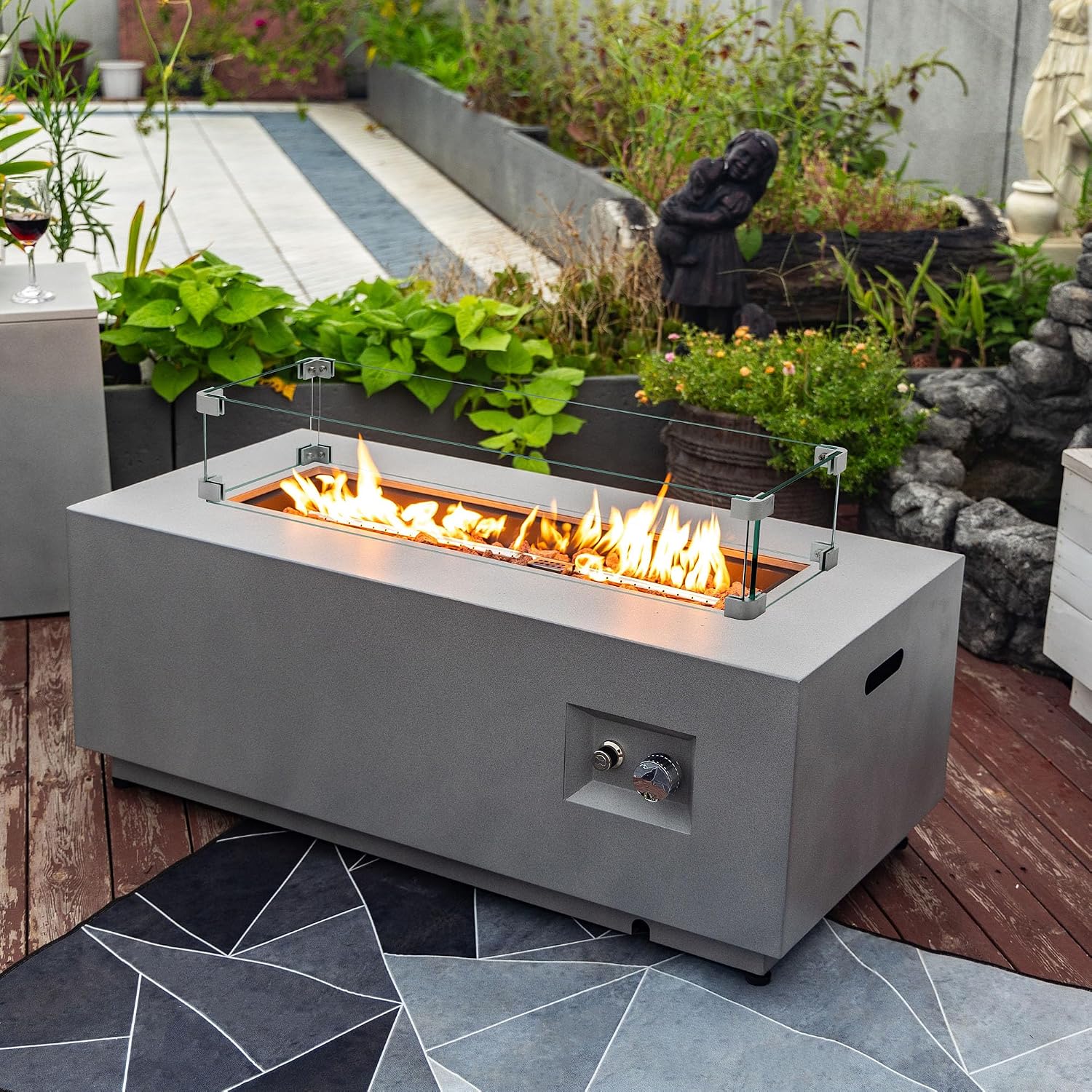 42' Outdoor Propane Fire Pit Table for Patio - 50,000 BTU Rectangular Gas Firepit Table, Grey Commercial-Grade Fireplace with Wind Guard