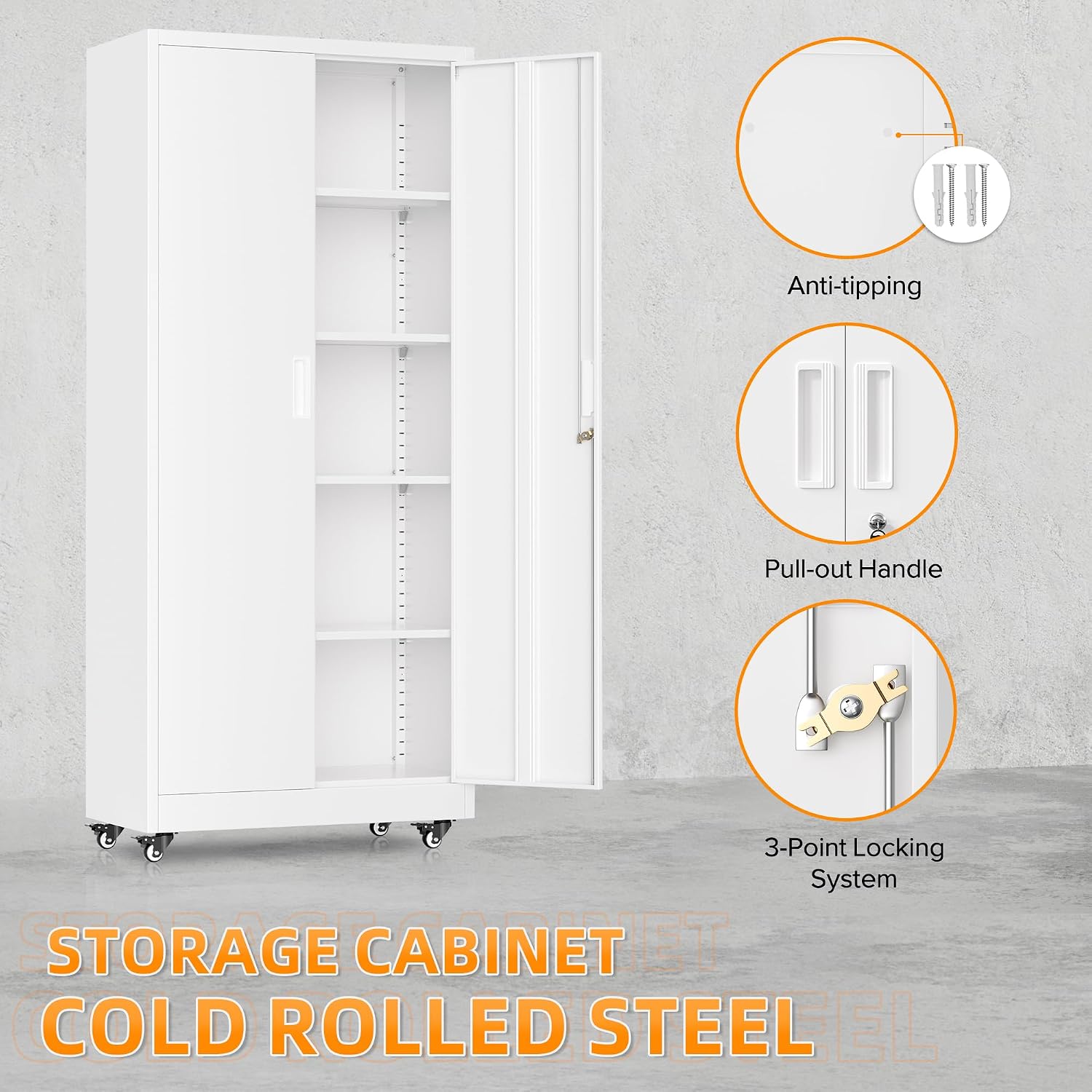 Superday 72' Metal Cabinet with Wheels, Lockable Steel Utility Cabinet with 2 Doors and 4 Adjustable Shelves, Tall Storage Cabinets for Garage, Home Office, Kitchen Pantry, Living Room, White